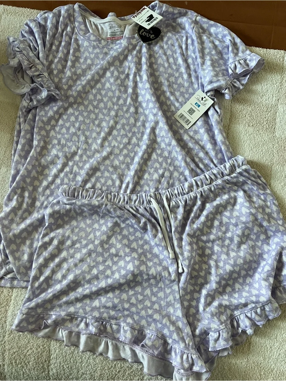 Rene Rofe Lavender & White Heart-Print Short Pajama Set